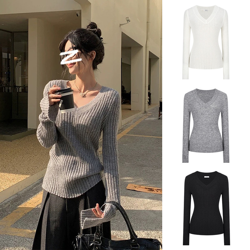 MosesQueen魔西女王坑条v领针织打底衫女春秋冬内搭毛衣长袖上衣