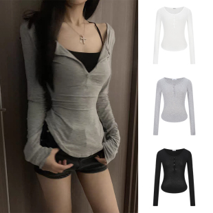 MosesQueen魔西女王纯欲v领长袖 显瘦上衣 t恤女春秋设计感收腰修身