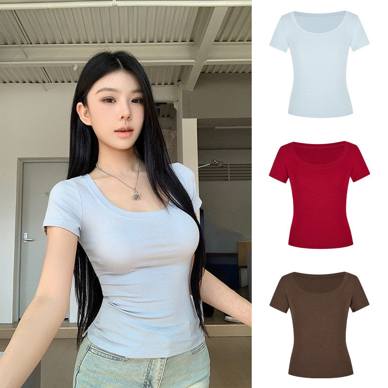 MosesQueen魔西女王大U领正肩短袖t恤夏季新款修身显瘦基础款上衣