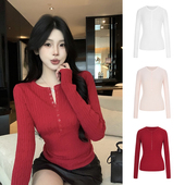 MosesQueen魔西女王红色半开领麻花毛衣内搭打底修身 显瘦针织上衣