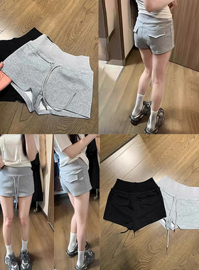 MosesQueen魔西女王灰色运动短裤女夏季外穿休闲抽绳高腰包臀热裤
