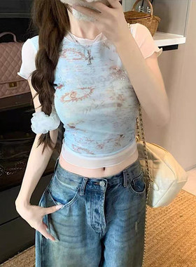 MosesQueen魔西女王蓝色印花网纱短袖t恤设计感修身露脐短款上衣