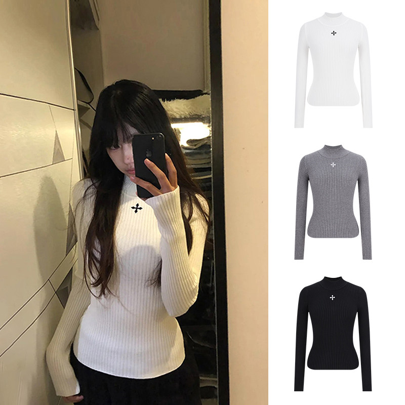 MosesQueen魔西女王白色半高领针织衫秋冬内搭打底衫修身毛衣上衣