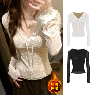 上衣 长袖 MosesQueen魔西女王加绒加厚蕾丝v领打底衫 秋冬内搭修身