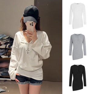 MosesQueen魔西女王白色慵懒蝙蝠袖上衣女春秋宽松显瘦v领长袖t恤