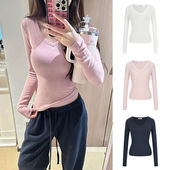百搭显瘦内搭打底衫 MosesQueen魔西女王粉色v领长袖 t恤女修身 上衣