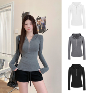 上衣 内搭打底帽衫 MosesQueen魔西女王拉链连帽长袖 t恤女春秋修身