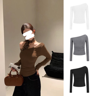 MosesQueen魔西女王斜肩长袖 t恤女春秋收腰显瘦露肩内搭打底上衣