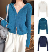 MosesQueen魔西女王蓝色慵懒连帽毛衣外套女秋冬拉链针织开衫 上衣