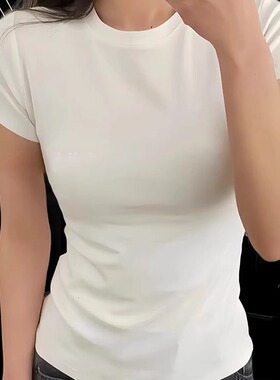 MosesQueen魔西女王白色正肩短袖t恤女夏季收腰显瘦修身圆领上衣