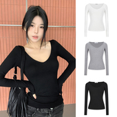 显瘦长袖 MosesQueen魔西女王黑色v领打底衫 女秋冬内搭上衣修身 t恤