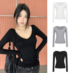 t恤 显瘦长袖 MosesQueen魔西女王黑色v领打底衫 女秋冬内搭上衣修身