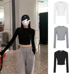 上衣 t恤短款 MosesQueen魔西女王黑色打底衫 女春秋冬内搭正肩长袖