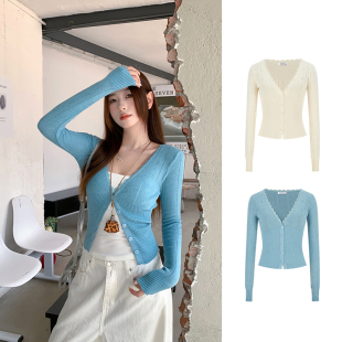 MosesQueen魔西女王蓝色镂空针织开衫 女春秋外搭毛衣外套v领上衣