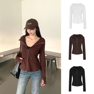 MosesQueen魔西女王德绒连帽卫衣外套女秋冬收腰长袖 上衣 拉链开衫