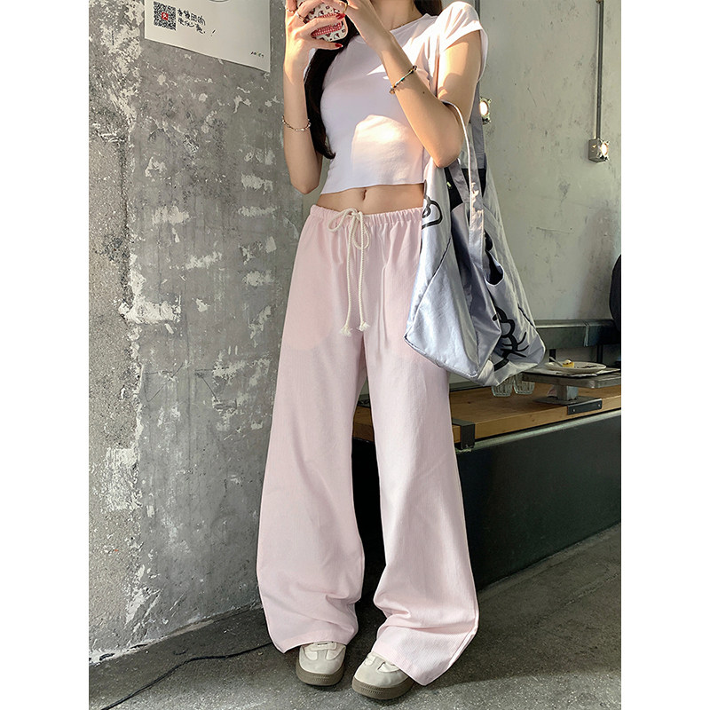 MosesQueen魔西女王粉色条纹阔腿裤夏季薄款低腰宽松直筒休闲裤子