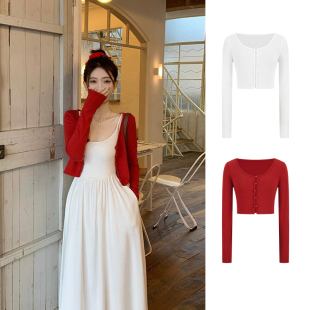 外套上衣 短款 MosesQueen魔西女王红色针织开衫 女春秋外搭披肩罩衫