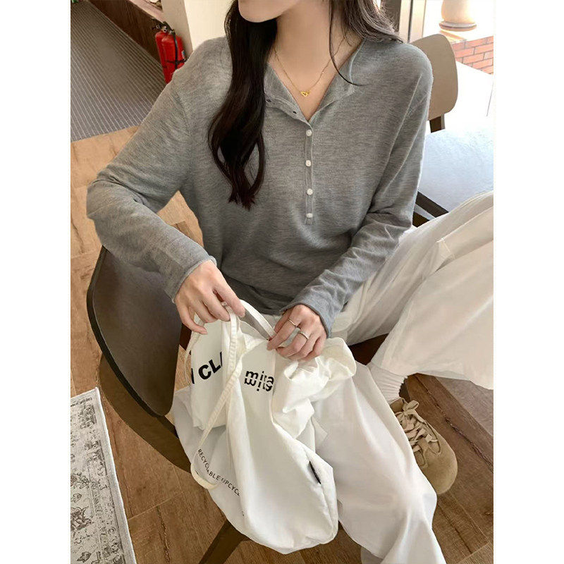 MosesQueen魔西女王灰色半开领长袖针织衫慵懒风宽松休闲罩衫上衣