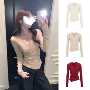 MosesQueen魔西女王v领打底衫 t恤设计感不规则上衣 女春秋内搭长袖