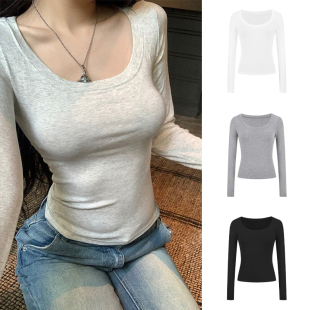 MosesQueen魔西女王大U领打底衫 t恤上衣 女春秋冬内搭掐腰显瘦长袖