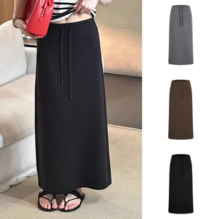 MosesQueen魔西女王黑色抽绳半身裙休闲运动卫裙开叉包臀直筒长裙