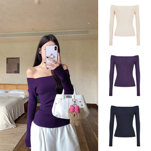 露肩上衣内搭打底衫 修身 长袖 MosesQueen魔西女王紫色一字肩针织衫