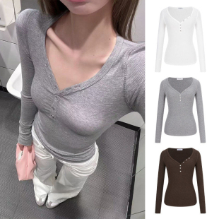 显瘦内搭打底衫 修身 上衣 t恤女春季 MosesQueen魔西女王v领正肩长袖