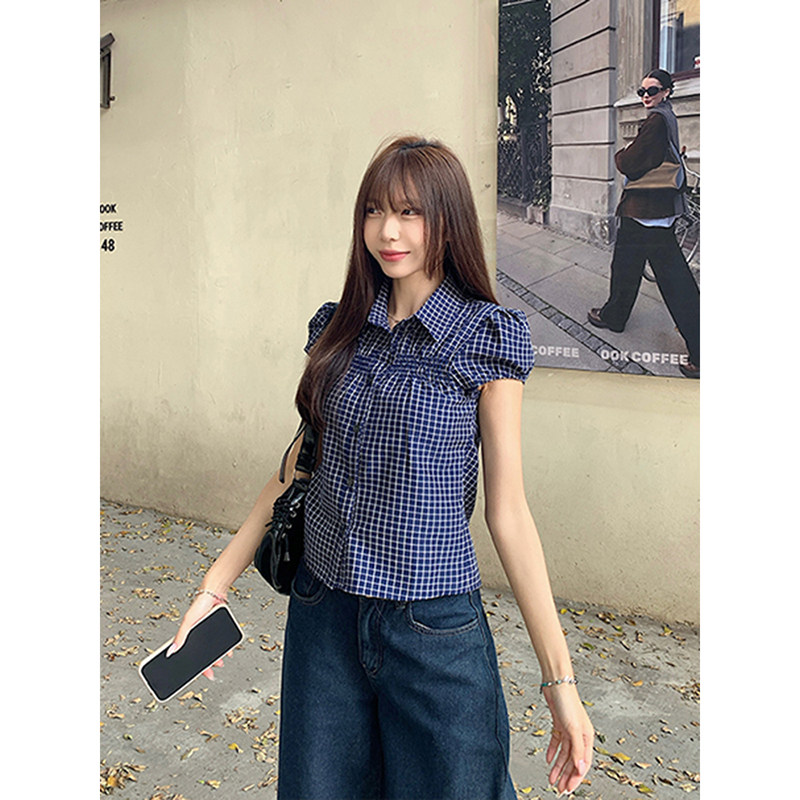 MosesQueen魔西女王复古翻领格子短袖衬衫气质衬衣显瘦泡泡袖上衣