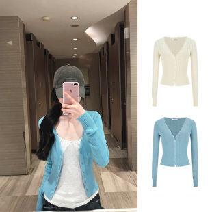 MosesQueen魔西女王蓝色缕空针织开衫 外套上衣 女春秋外搭v领长袖