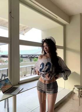 MosesQueen魔西女王条纹低腰超短裤外穿修身显瘦辣妹抽绳包臀热裤
