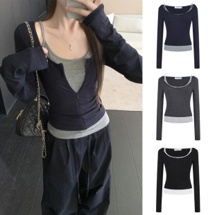 MosesQueen魔西女王拉链半开领长袖 上衣 t恤叠穿吊带背心两件套装