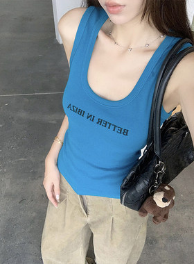 MosesQueen魔西女王蓝色字母印花U领吊带背心外穿遮副乳无袖上衣