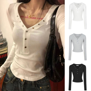 短款 修身 上衣 t恤女春秋内搭打底衫 MosesQueen魔西女王白色v领长袖