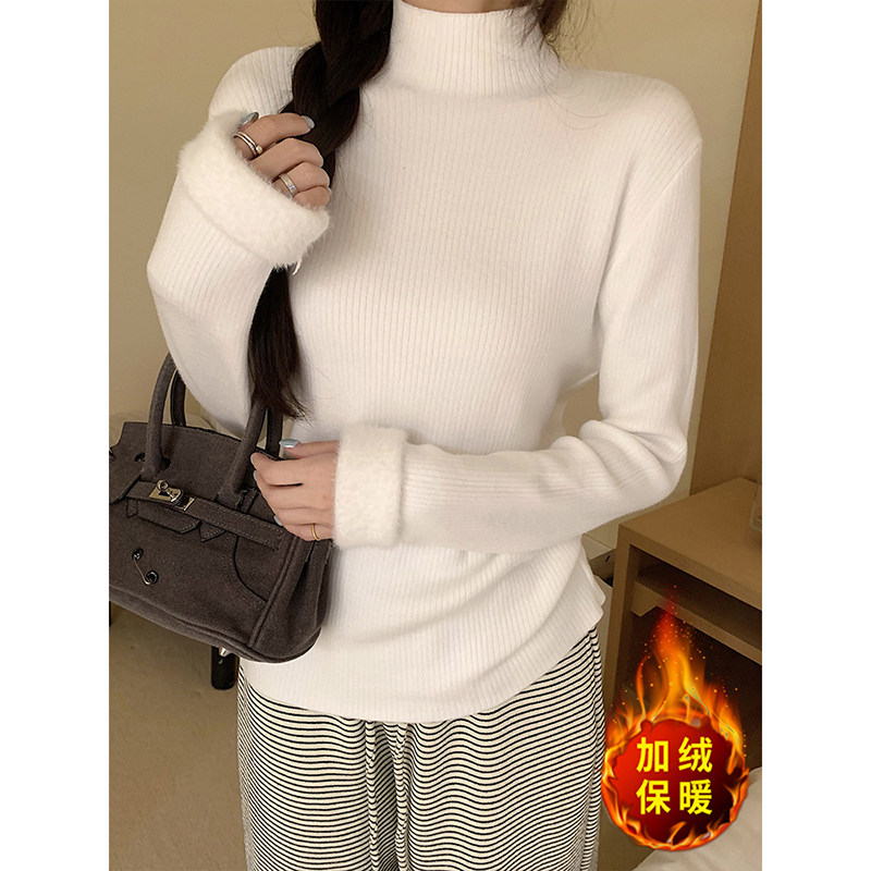 MosesQueen魔西女王加绒加厚半高领针织打底衫内搭一体绒保暖上衣