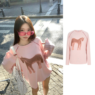 MosesQueen魔西女王粉色小马印花长袖 上衣 t恤宽松圆领明线插肩袖