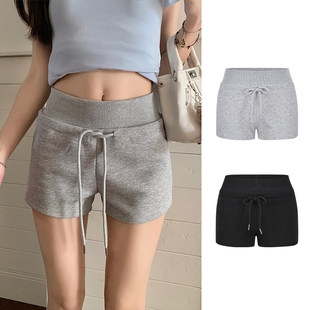 MosesQueen魔西女王灰色运动短裤外穿抽绳松紧腰显瘦美式辣妹热裤