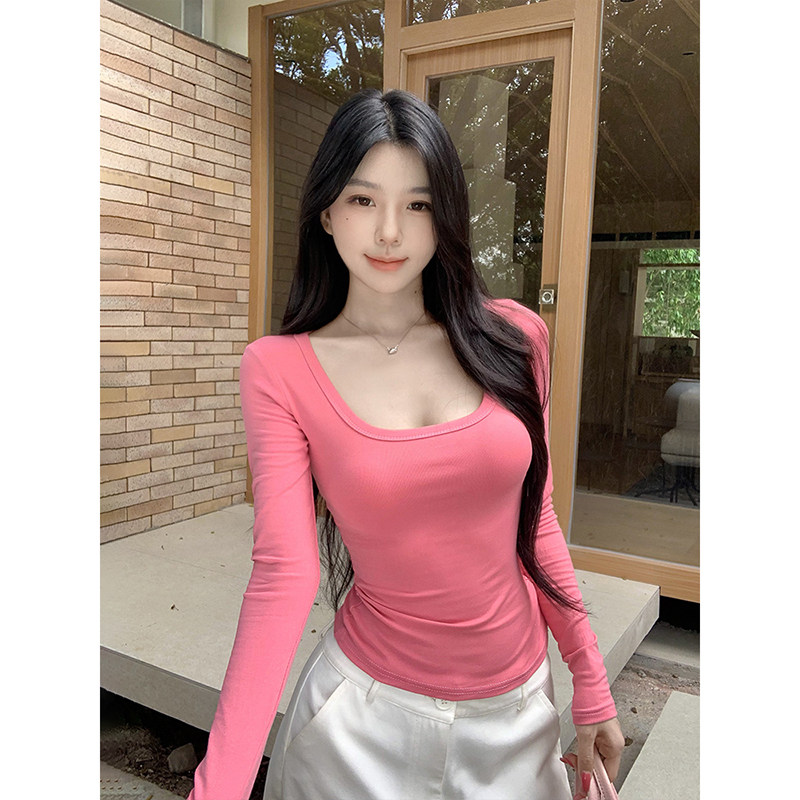 MosesQueen魔西女王玫粉色U领长袖t恤秋冬内搭打底衫修身百搭上衣