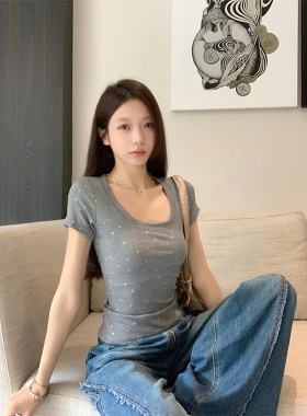 MosesQueen魔西女王灰色U领正肩短袖t恤夏季掐腰修身显瘦百搭上衣
