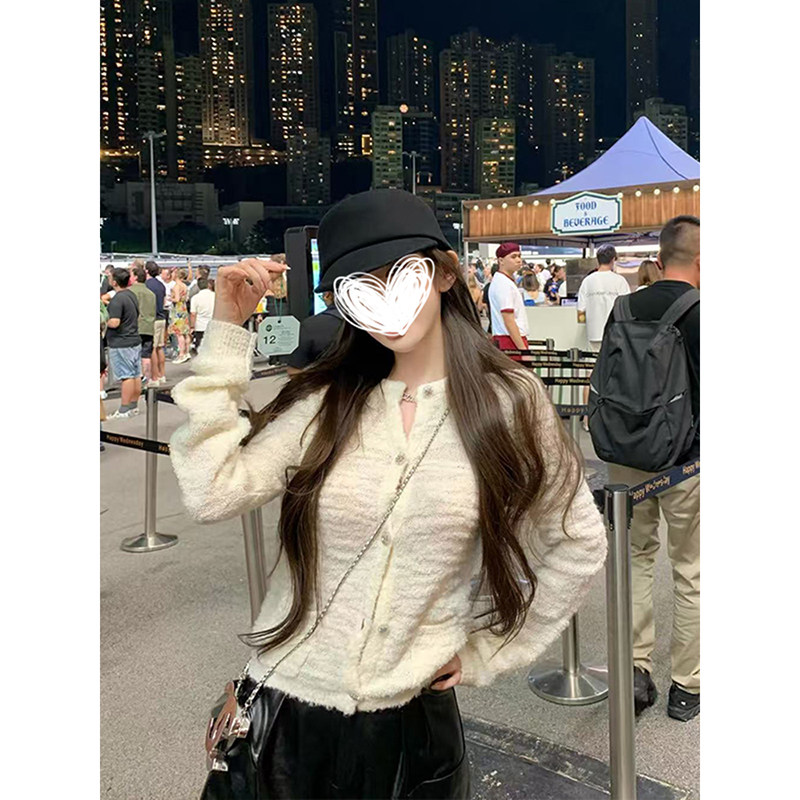 MosesQueen魔西女王米白色针织开衫春秋冬小香风气质长袖外套上衣