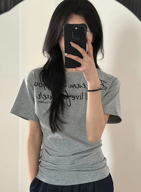 MosesQueen魔西女王灰色字母印花正肩短袖t恤女夏季修身圆领上衣