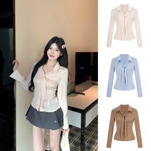 套装 上衣短裙裤 收腰飘带长袖 MosesQueen魔西女王粉色条纹缎面衬衫