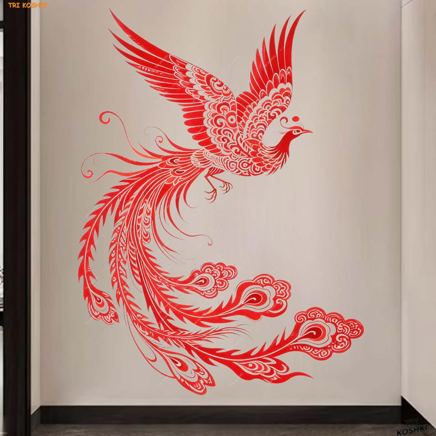 红色凤凰剪纸图案透明贴纸凤凰于飞墙贴玄关客厅装饰唯美凤凰贴画