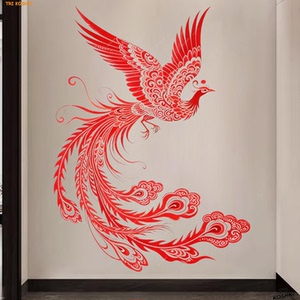 红色凤凰剪纸图案透明贴纸凤凰于飞墙贴玄关客厅装饰唯美凤凰贴画