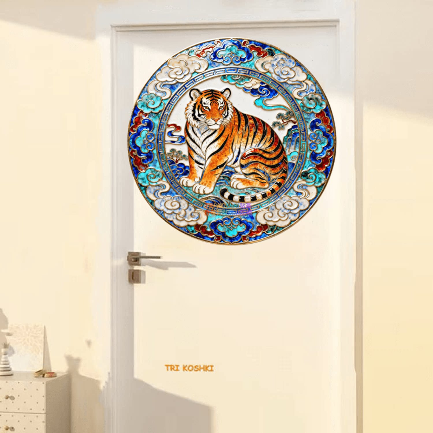 老虎猛虎圆形贴纸景泰蓝花边贴画玄关客厅走廊过道木门装饰自粘贴