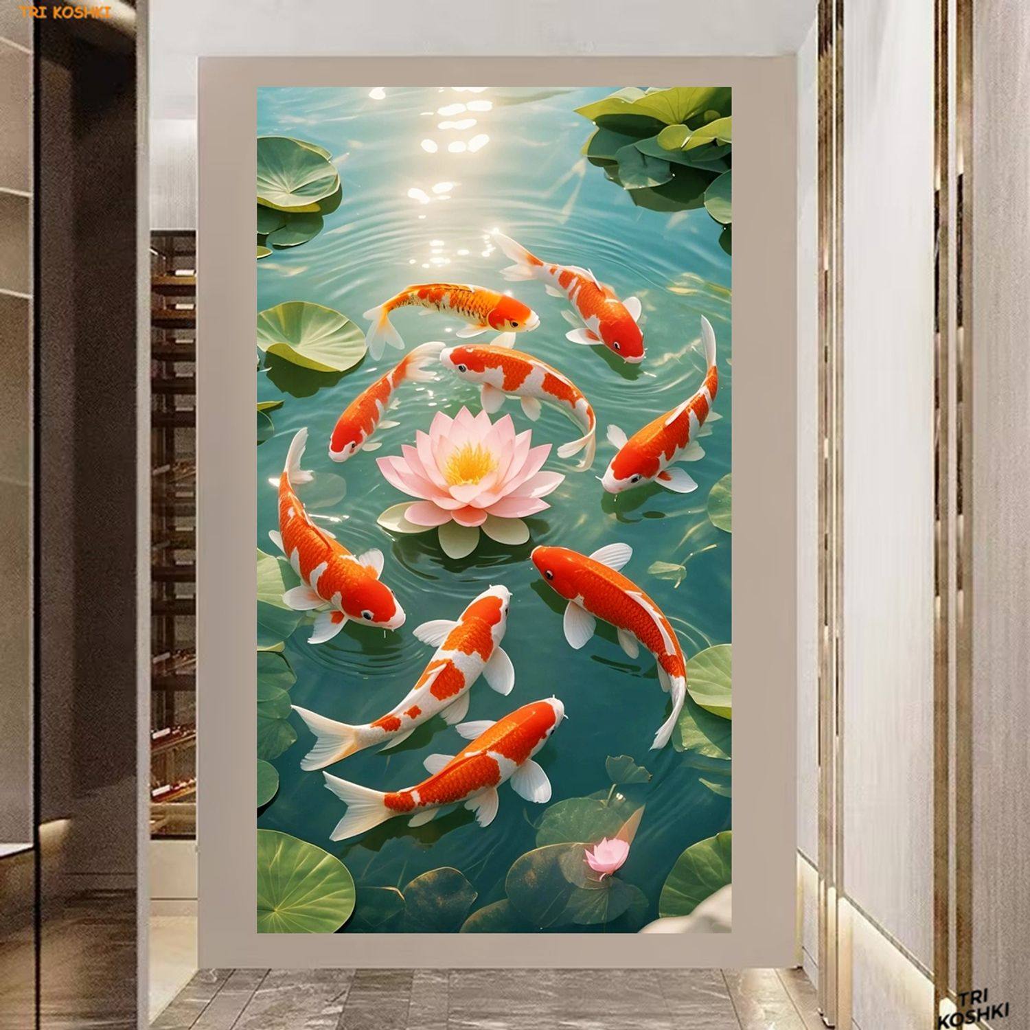 中式九鱼图贴画锦鲤荷花防水墙贴玄关客厅装饰贴纸简约现代可定制