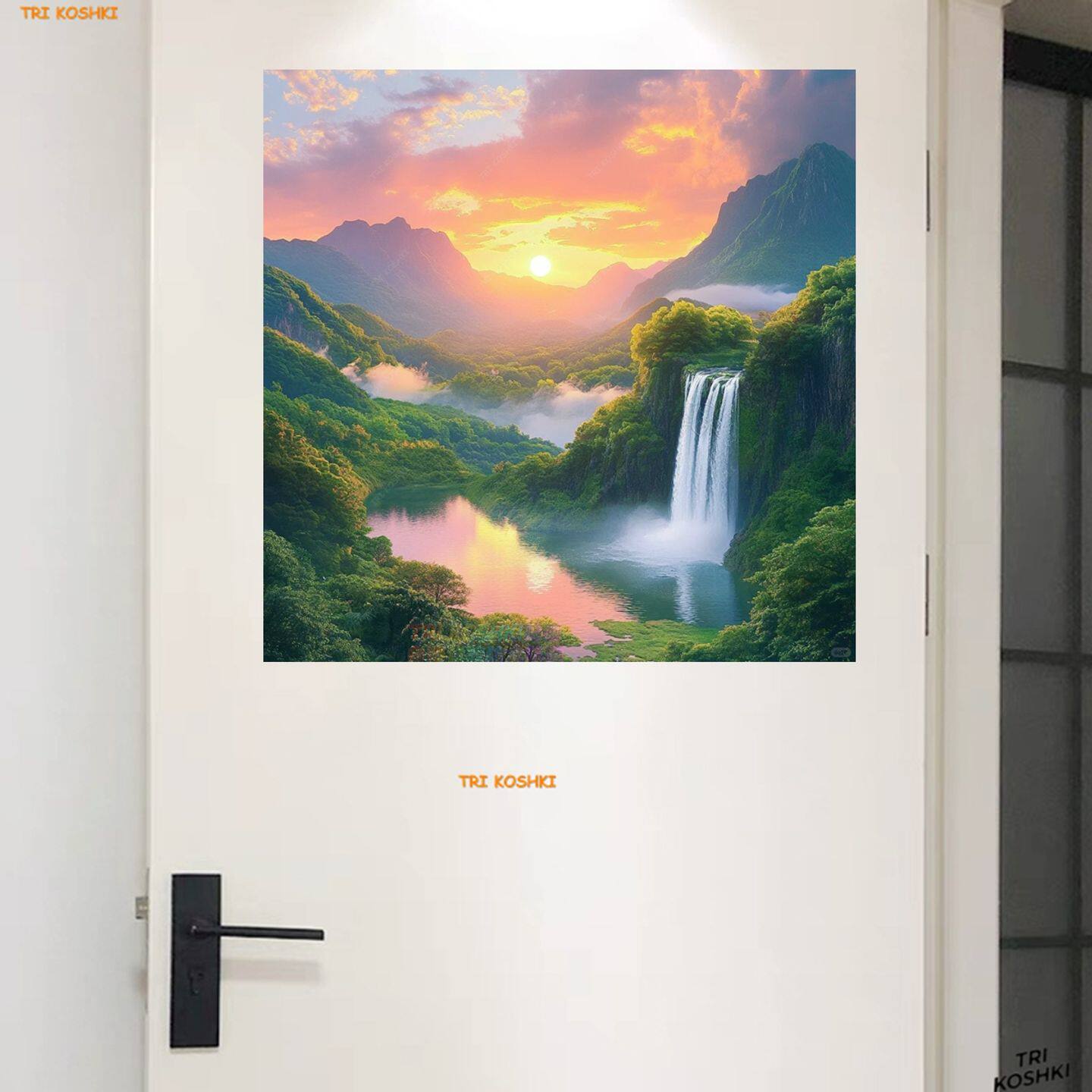 旭日东升瀑布山川唯美风景贴画防水门贴房间门贴山水画木门装饰