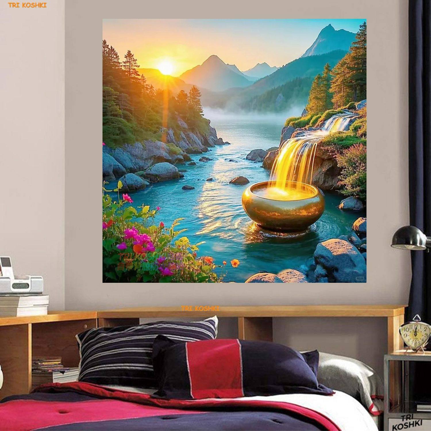 流水生财聚宝盆山水画靠山招财墙贴高山流水自粘贴画日照金山贴纸