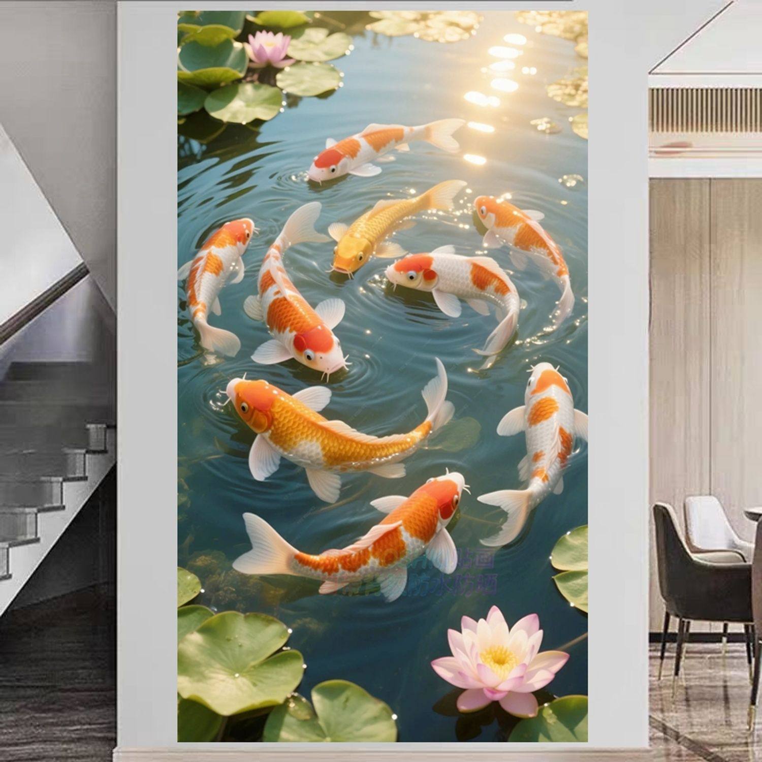 中式九鱼图贴画锦鲤荷花防水墙贴玄关客厅装饰贴纸简约现代可定制