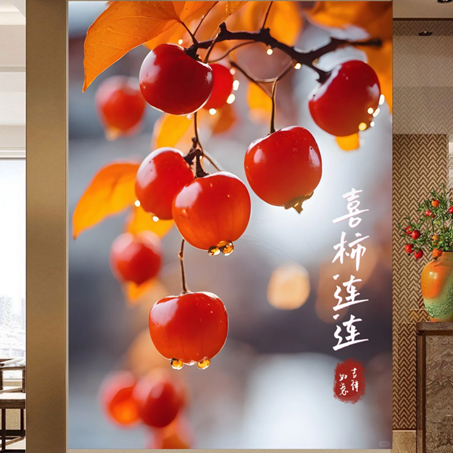 喜事连连高清柿子走廊玄关客厅墙上餐厅装饰墙贴画冰箱防水贴纸画