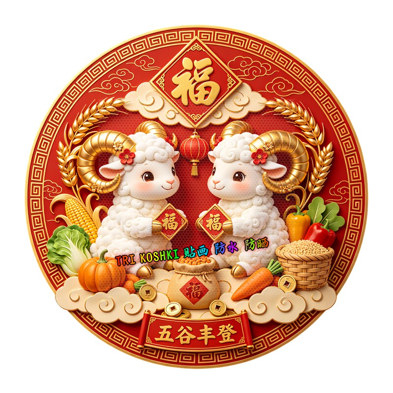 圆形双羊送福墙贴五谷丰登麦穗南瓜福袋祥云灯笼新年福字装饰贴纸